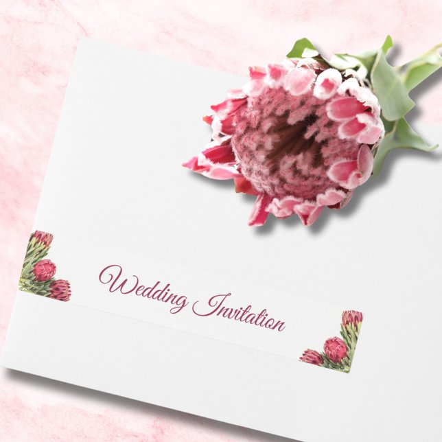 Elegant Pink Proteas White Text Wedding Invitation Wrap Around Address Label (Creator Uploaded)