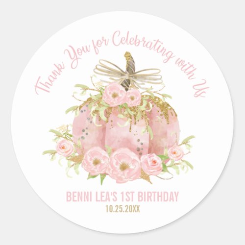 Elegant Pink Pumpkin 1st Birthday Favor Thank You Classic Round Sticker