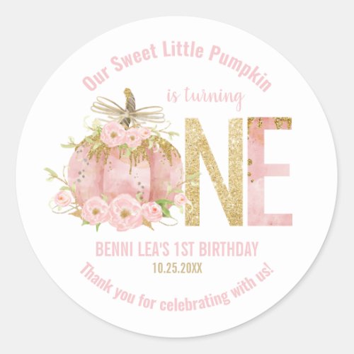 Elegant Pink Pumpkin 1st Birthday Favor Thank You Classic Round Sticker