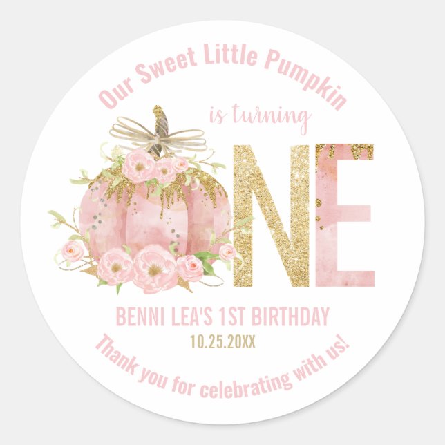 Elegant Pink Pumpkin 1st Birthday Favor Thank You Classic Round Sticker (Front)