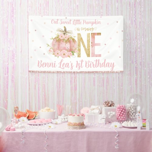 Elegant Pink Pumpkin 1st Birthday One Backdrop Banner