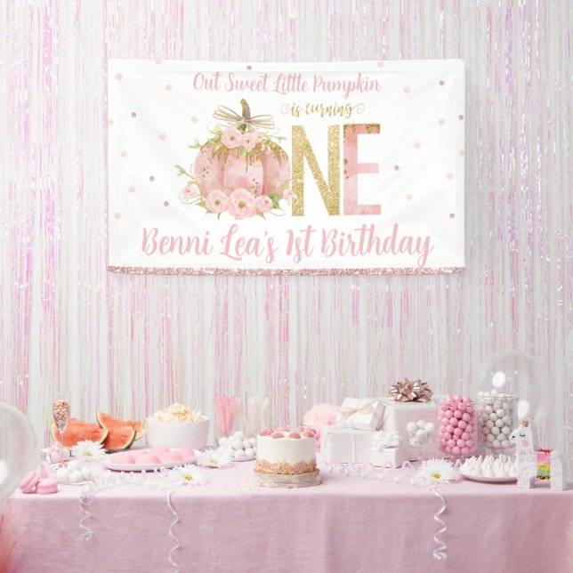 Elegant Pink Pumpkin 1st Birthday One Backdrop Banner (Party)