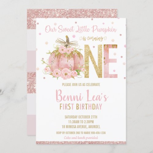 Elegant Pink Pumpkin 1st Birthday One Girl Invitation