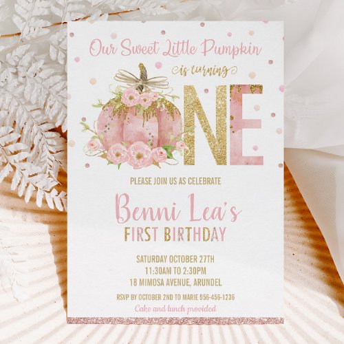 Elegant Pink Pumpkin 1st Birthday One Girl Invitation