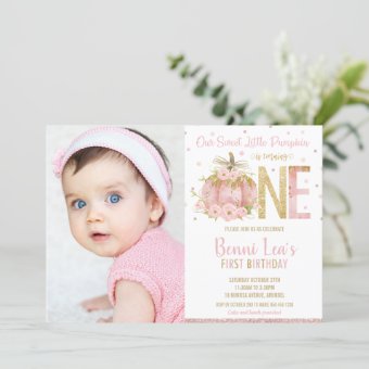 Elegant Pink Pumpkin 1st Birthday One Girl Photo Invitation | Zazzle