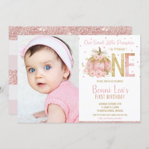 Elegant Pink Pumpkin 1st Birthday One Girl Photo Invitation