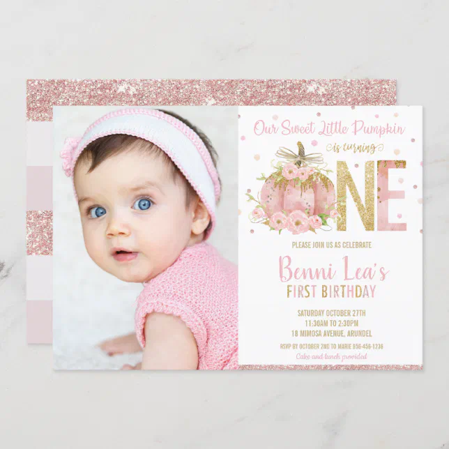 Elegant Pink Pumpkin 1st Birthday One Girl Photo Invitation | Zazzle