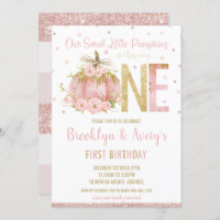 Elegant Pink Pumpkin 1st Birthday One Twin Girls Invitation