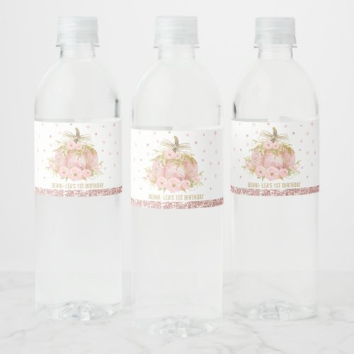 Elegant Pink Pumpkin 1st Birthday Party Girl Favor Water Bottle Label