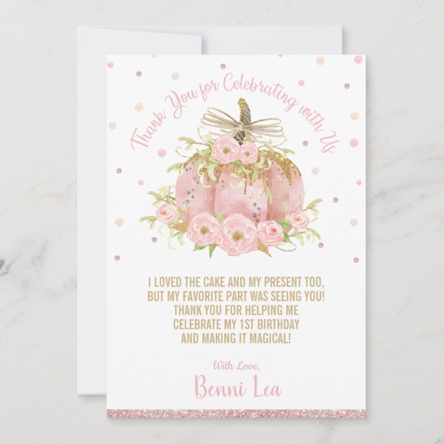 Elegant Pink Pumpkin 1st Birthday Party Girl Thank You Card (Front)