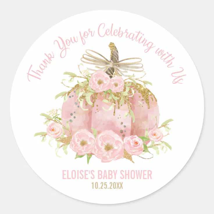 Elegant Pink Pumpkin Baby Shower Favor Thank You Classic Round Sticker |  Zazzle