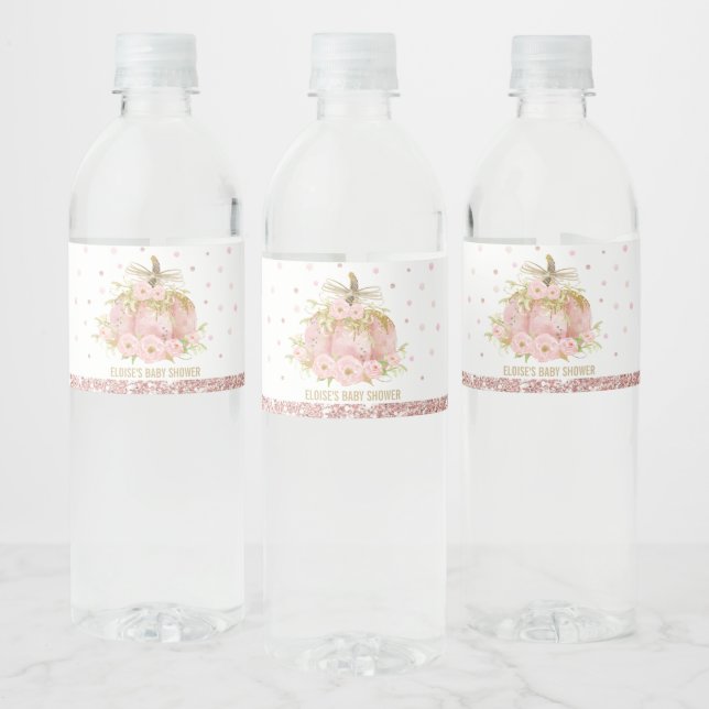 Elegant Pink Pumpkin Baby Shower Girl Favor Water Bottle Label (Bottles)