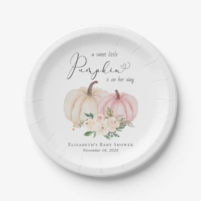 Elegant Pink Pumpkin Floral Baby Girl Shower Paper Plates (Front)