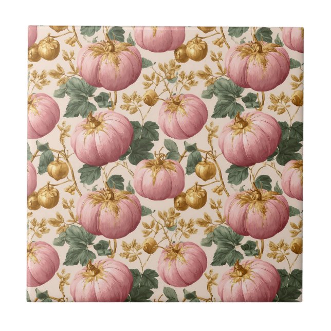 Elegant Pink Pumpkins Autumn Design Ceramic Tile (Front)