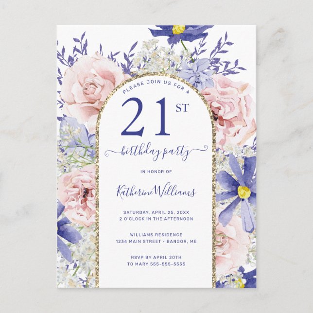Elegant Pink Purple 21st Birthday Party Invitation Postcard (Front)