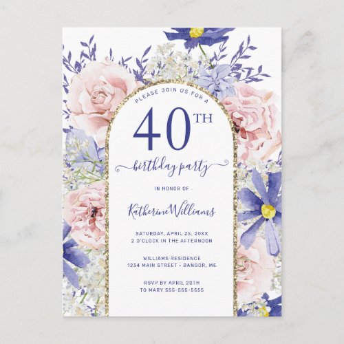 Elegant Pink Purple 40th Birthday Party Invitation
