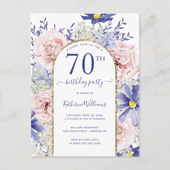 Elegant Pink Purple 70th Birthday Party Invitation Postcard (Front)