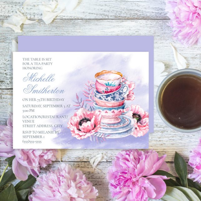 Elegant Pink Purple 75th Birthday Tea Party Invitation (Elegant purple and pink tea party birthday party for any age)