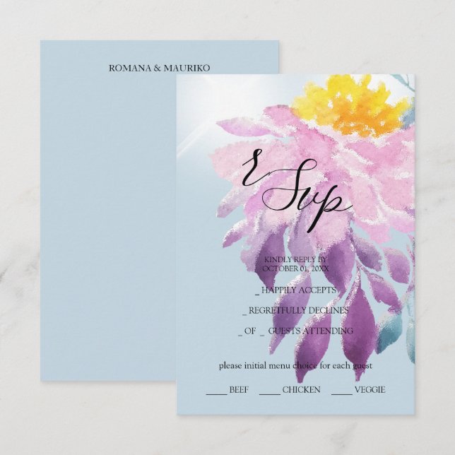 Elegant Pink Purple Blue Dahlia Watercolor Art RSVP Card (Front/Back)