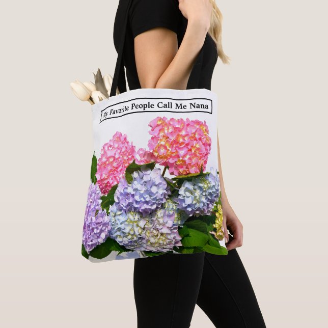 Elegant pink purple blue floral bouquet hydrangeas tote bag (Close Up)