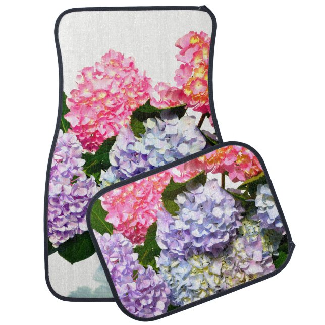 Elegant pink purple blue floral hydrangea bouquet car floor mat (Set)