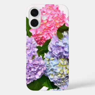 Elegant pink purple blue floral hydrangea bouquet iPhone 16 case