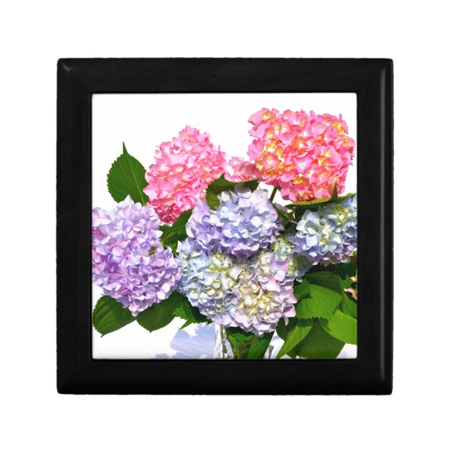 Elegant pink purple blue floral hydrangea bouquet jewelry box (Front)