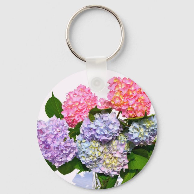 Elegant pink purple blue floral hydrangea bouquet  keychain (Front)
