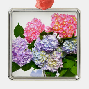 Elegant pink purple blue floral hydrangea bouquet metal ornament