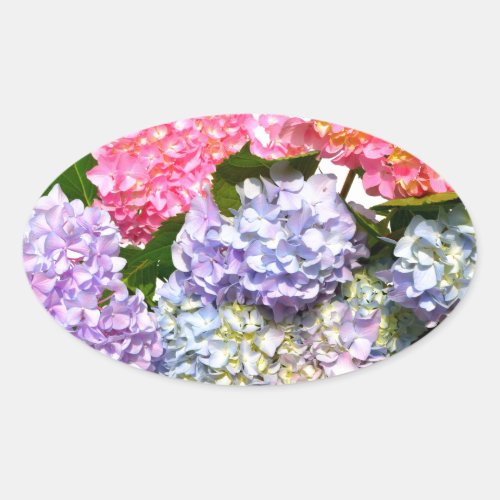 Elegant pink purple blue floral hydrangea bouquet oval sticker