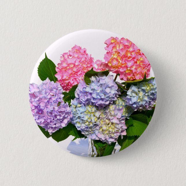 Elegant pink purple blue floral hydrangea bouquet  pinback button (Front)