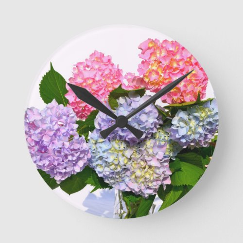 Elegant pink purple blue floral hydrangea bouquet round clock