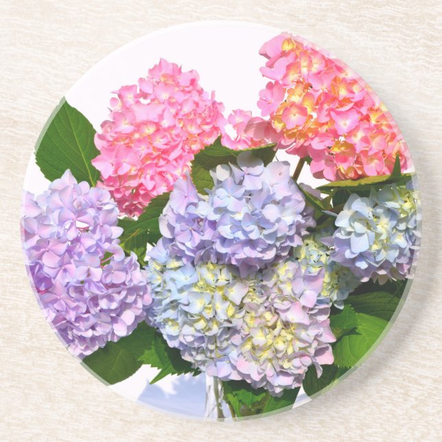 Elegant pink purple blue floral hydrangea bouquet  sandstone coaster (Front)