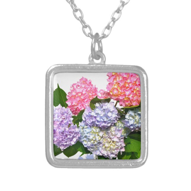 Elegant pink purple blue floral hydrangea bouquet silver plated necklace (Front)