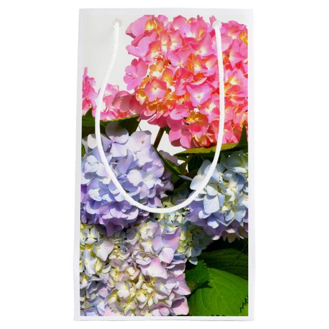 Elegant pink purple blue floral hydrangea bouquet small gift bag (Front)