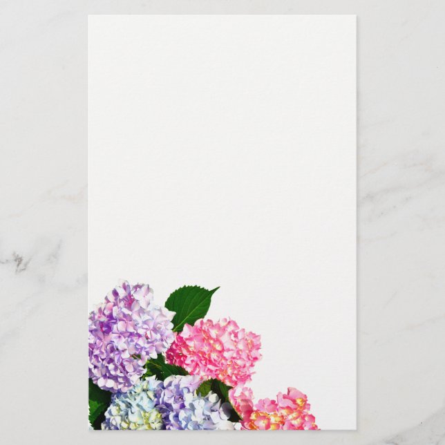 Elegant pink purple blue floral hydrangea bouquet stationery (Front)