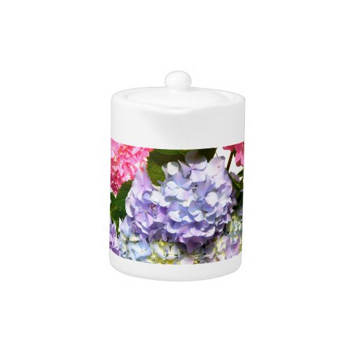 Elegant pink purple blue floral hydrangea bouquet teapot