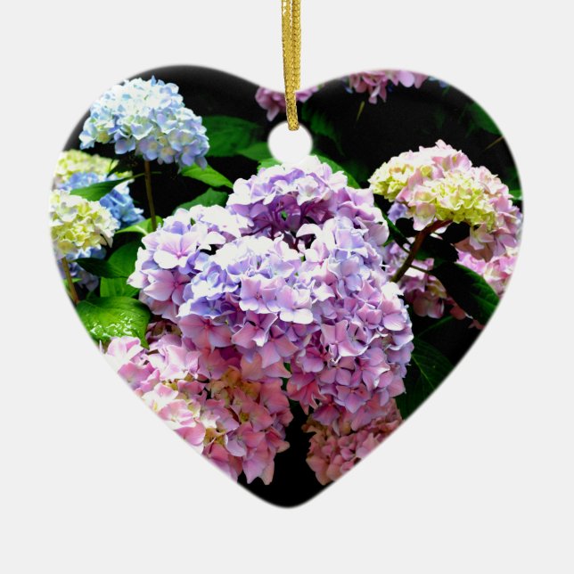 Elegant pink purple blue floral hydrangea gardens  ceramic ornament (Front)