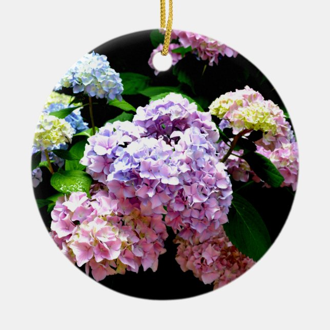 Elegant pink purple blue floral hydrangea gardens  ceramic ornament (Front)
