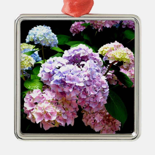 Elegant pink purple blue floral hydrangea gardens  metal ornament (Front)