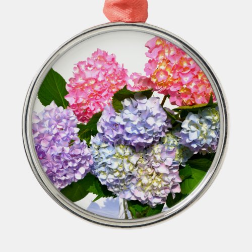 Elegant pink purple blue florals hydrangea bouquet metal ornament