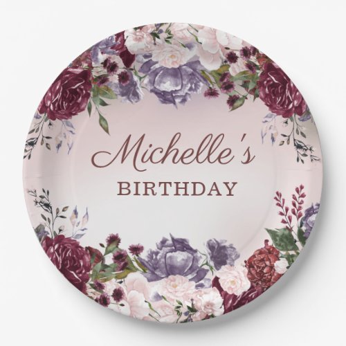 Elegant Pink Purple Burgundy Birthday Paper Plates