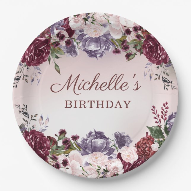 Elegant Pink Purple Burgundy Birthday Paper Plates (Front)