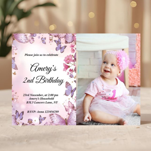 Elegant Pink Purple Butterfly Birthday Photo Invitation (Creator Uploaded)