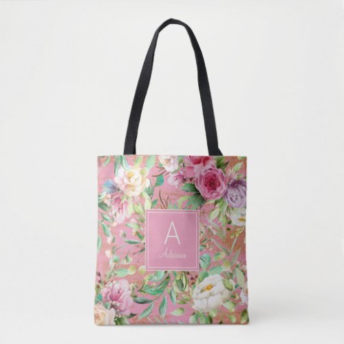 Elegant Pink Purple Cream Flowers Gold Monogram Tote Bag