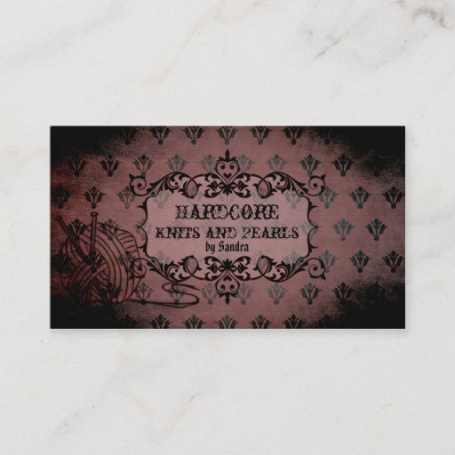 Customizable elegant pink purple damask distressed knitting business cards