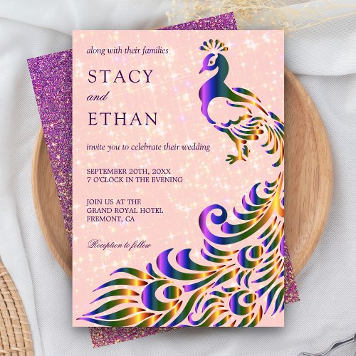 Elegant Pink Purple Faux Glitter Peacock Wedding Invitation