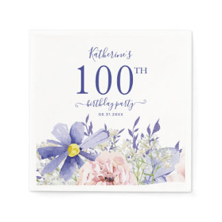 Elegant Pink Purple Floral 100th Birthday Party Napkins