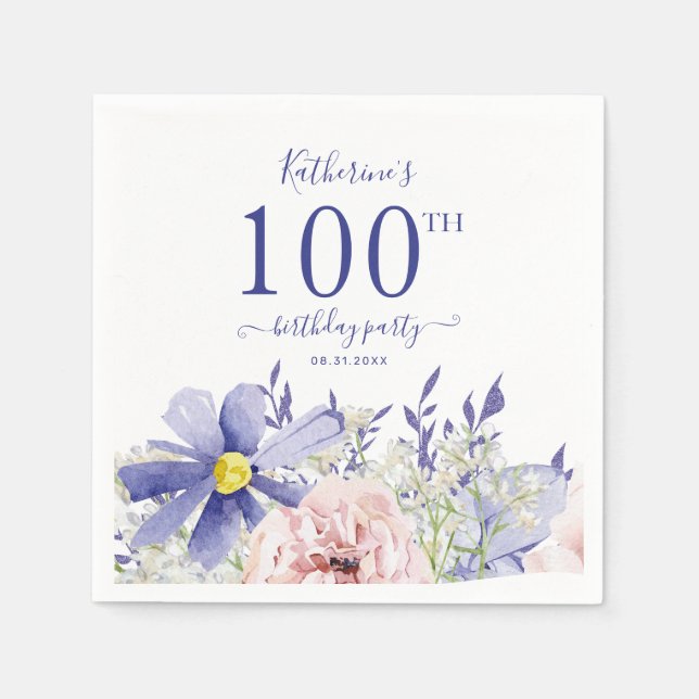 Elegant Pink Purple Floral 100th Birthday Party Napkins (Front)