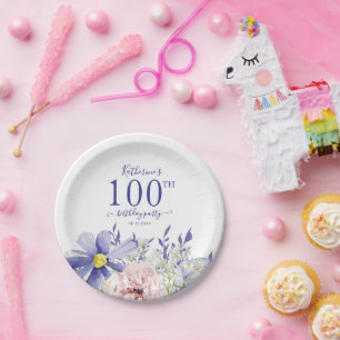 Elegant Pink Purple Floral 100th Birthday Party Paper Plates